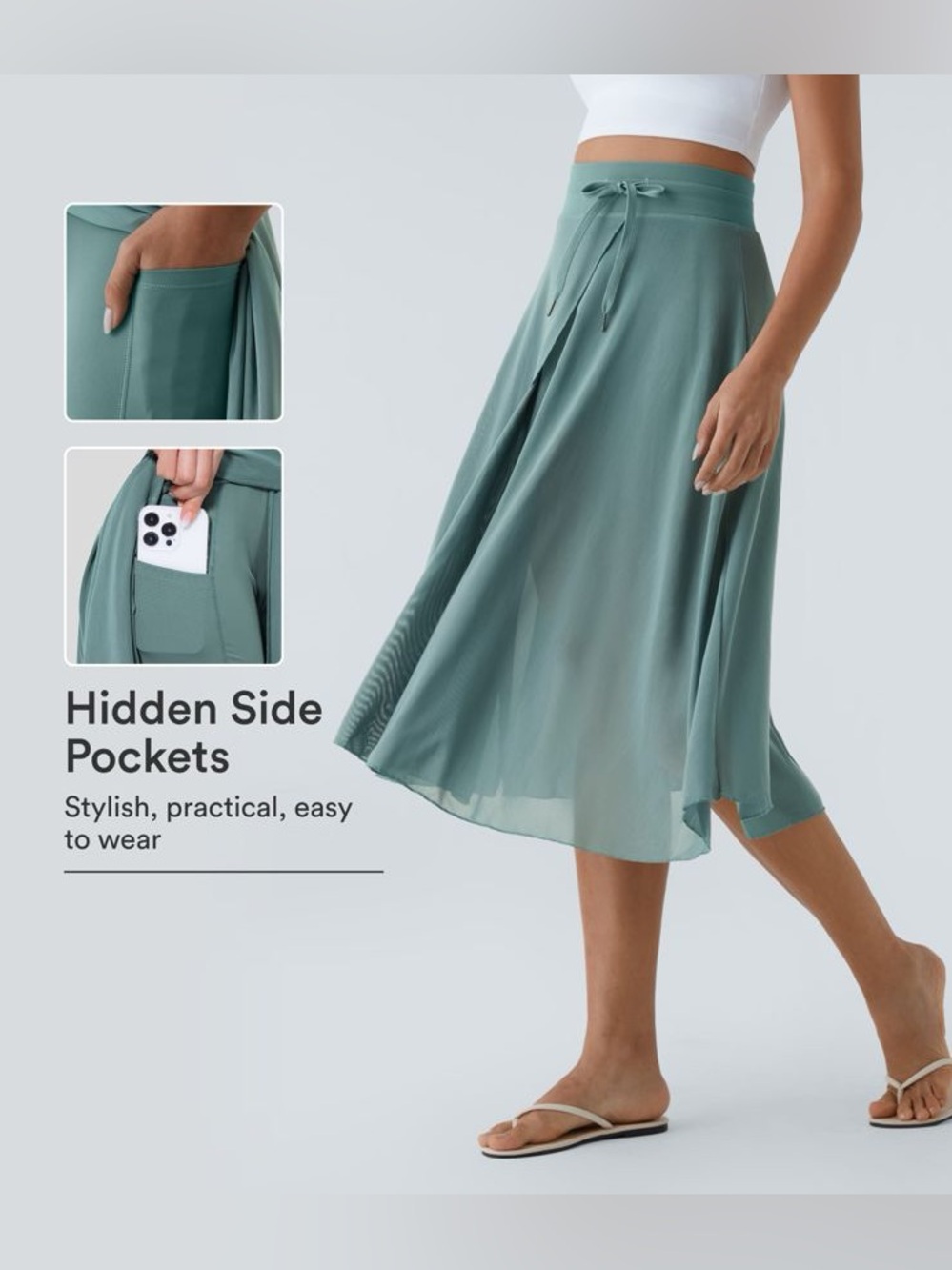 Halara High Waisted Drawstring Contrast Mesh 2-in-1 Pocket Flowy Midi Flare